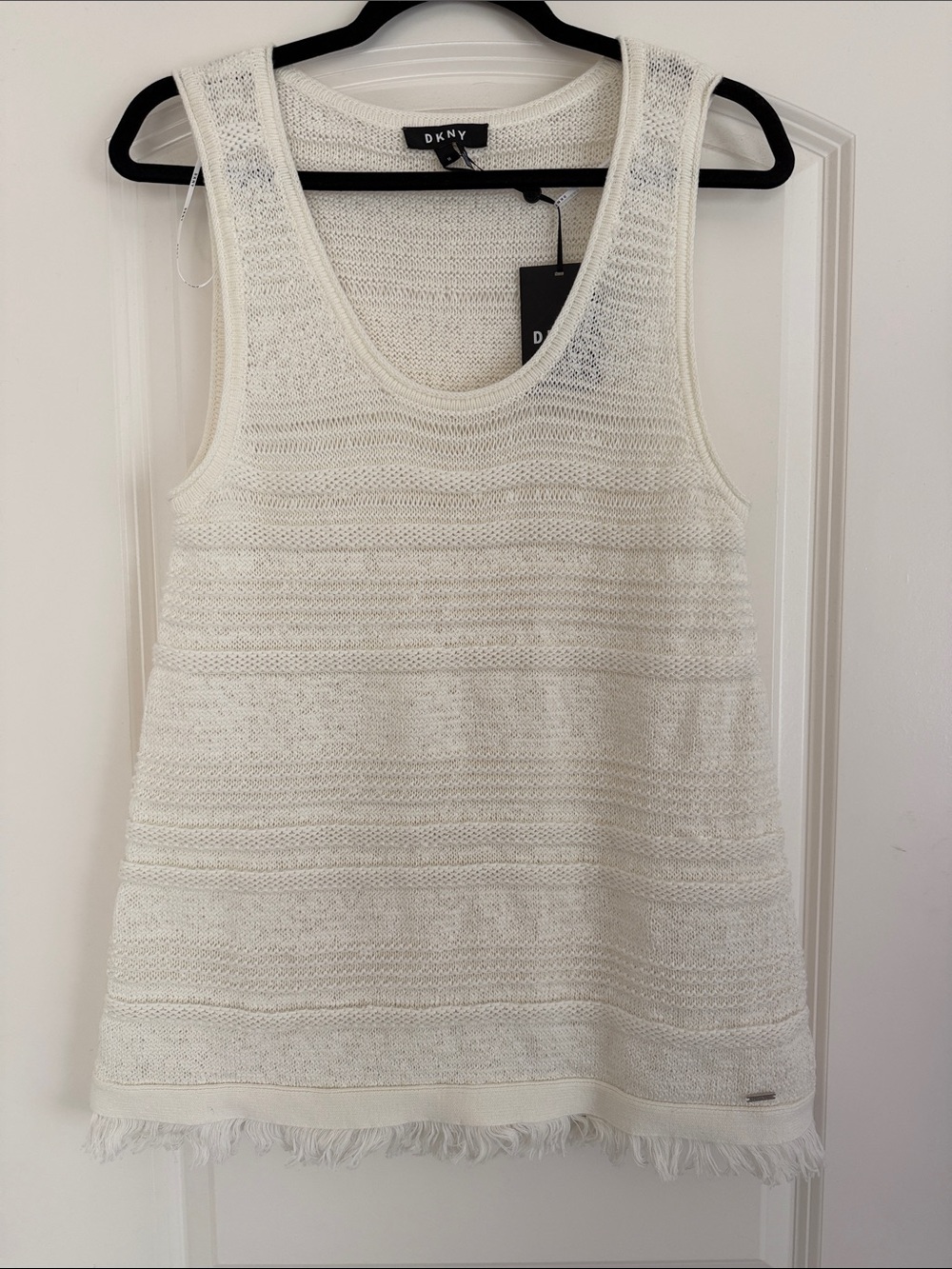 DKNY Cream Lightweight Knit Fringe Hem Tank Top